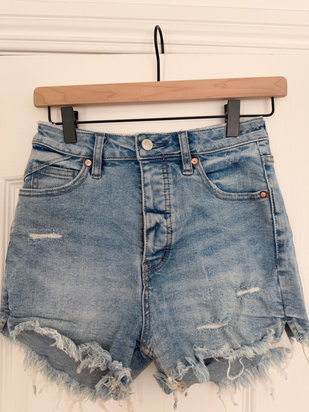 Free People Light Blue Frayed Denim Shorts